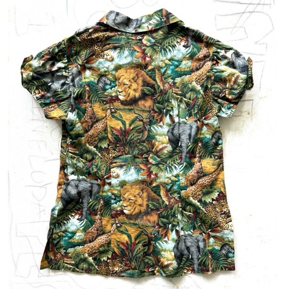 Green and brown jungle safari blouse with animal figures print. - Picture 2 of 8